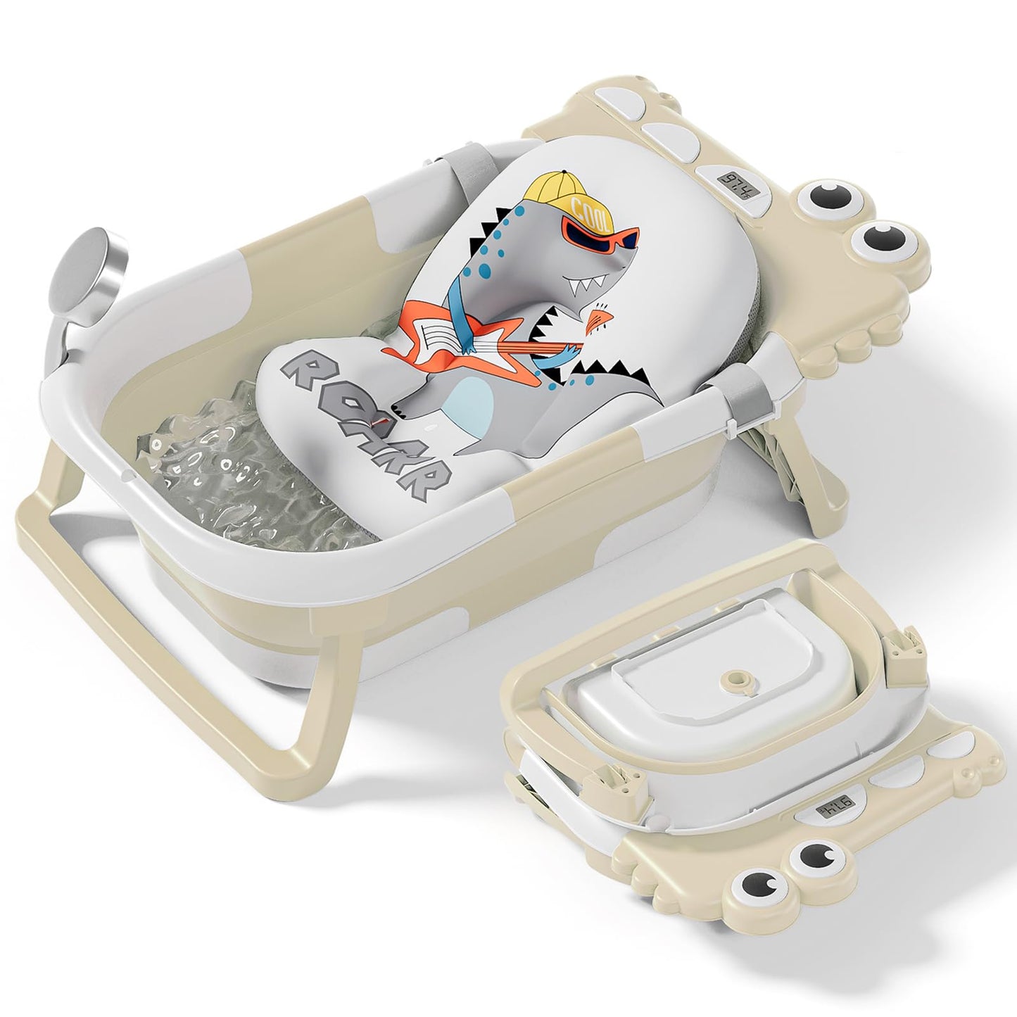 Collapsible Baby Bathtub For Newborn, Alligator Foldable Baby Bath Tub With Thermometer & Soft Floating Cushion & Drain Hole, Po