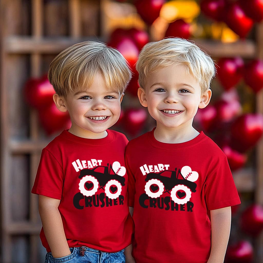Little Boy Valentines Day Shirt Heart Crusher Monster Truck Graphic Vday Toddler Kids Heart Tops Size 7 Years