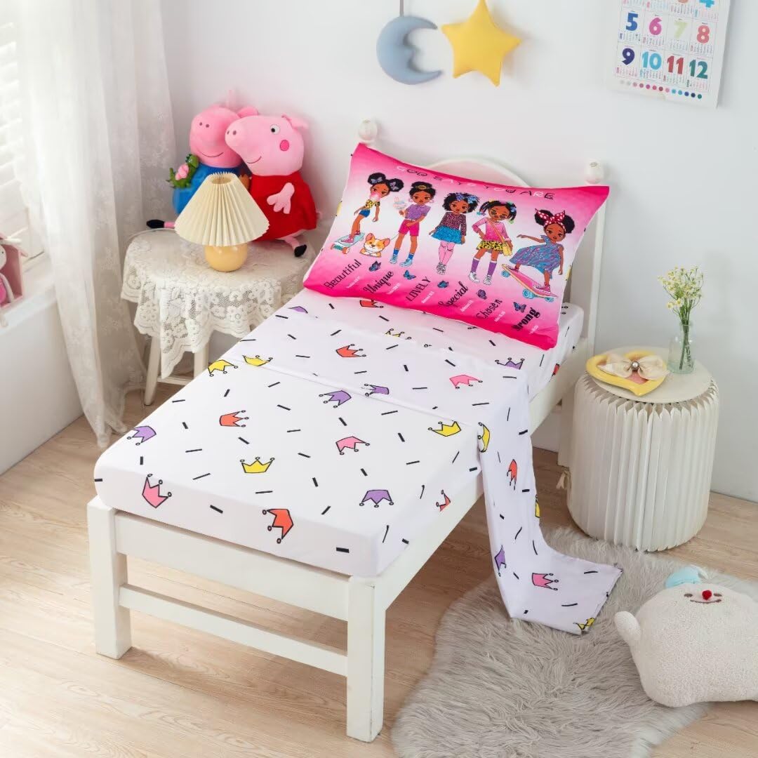 Grat Tioc 4-Piece Toddler Bedding Set For Girls - Black Girl Magic Comforter Set Includes Comforter, Flat Sheet, Fitted Sheet, P