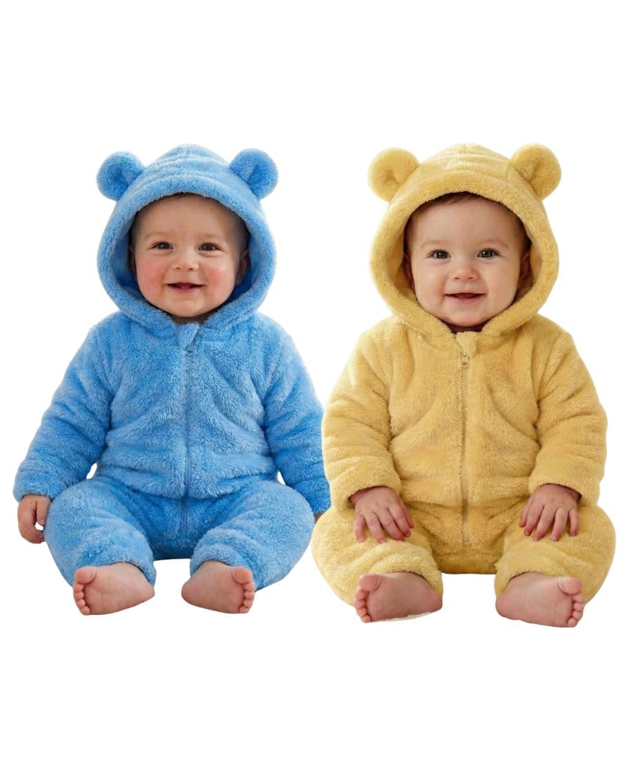 Baby Winter Fleece Romper, Hooded Bear Ears Design, Mint Green, FullZip Jumpsuit (2, Blue&Yellow, 0309month)
