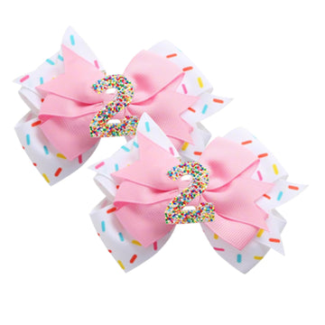 2 Pack 2nd Birthday Hair Bow for Baby Girls, Pink Hair Clips Hair Accessories for Girls 1 2 3 4 5 6 Years Birthday Confetti Ice 