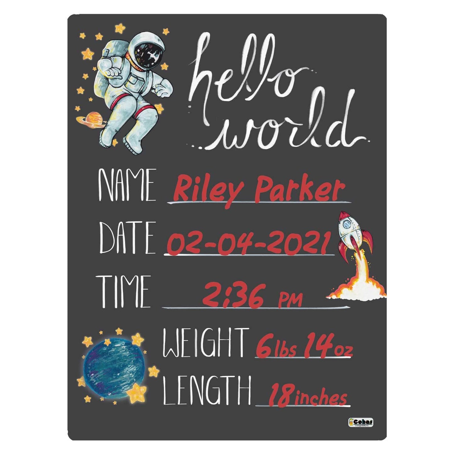 Cohas Hello World Newborn Baby Announcement Chalkboard Sign With Space Theme, 9 By 12 Inches, No Marker
