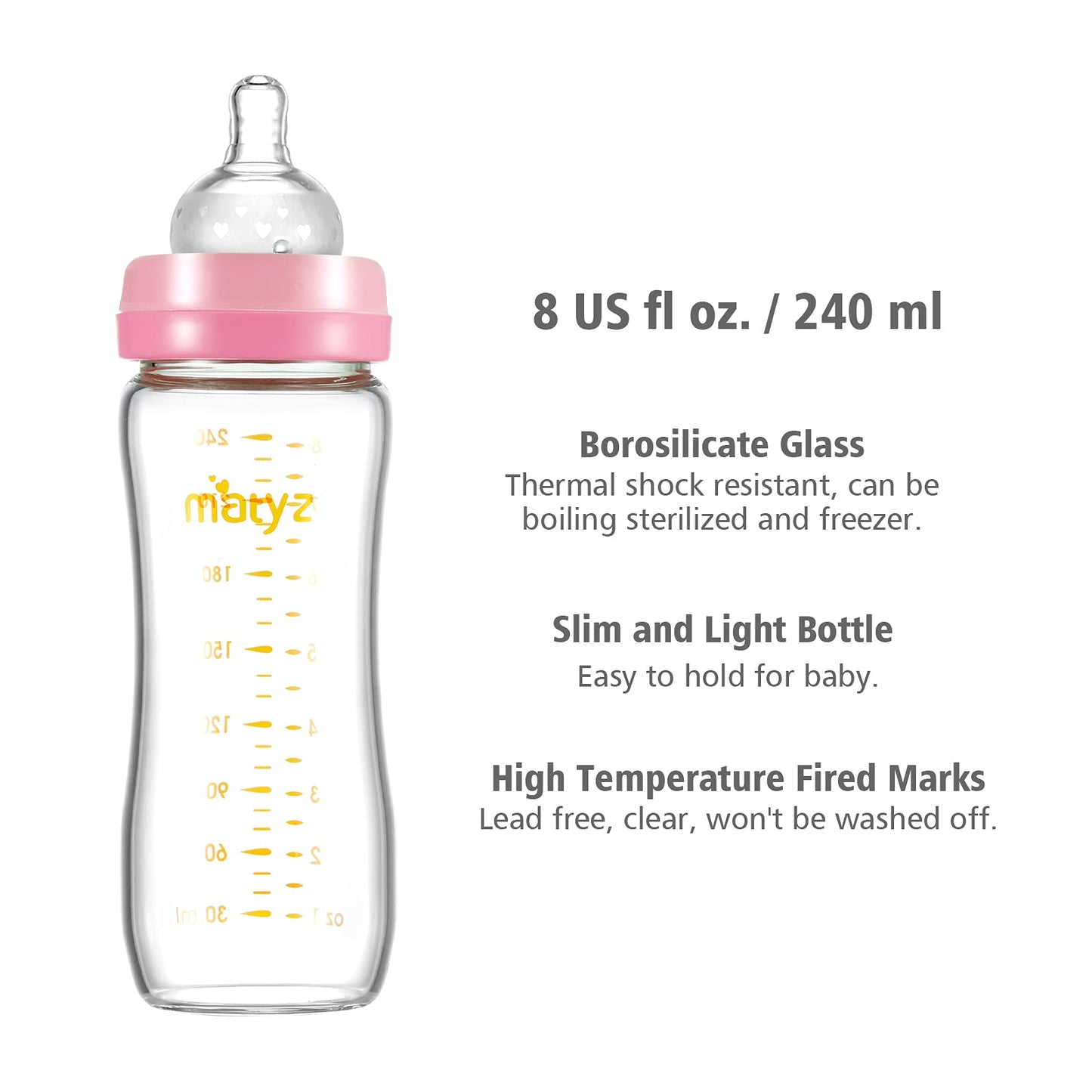 Matyz Glass Breastmilk Baby Feeding Bottle With Nipple, 2 Pack, 8 Oz Slim And Light Bottle Easy To Hold, Food Grade Borosilicate
