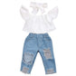 3Pcs Toddler Girl Baby Off Sloulder Top Ruffle Blouse + Blue Ripped Long Jeans + White Bowknot Headband Sets (White-Blue, 5-6 T)