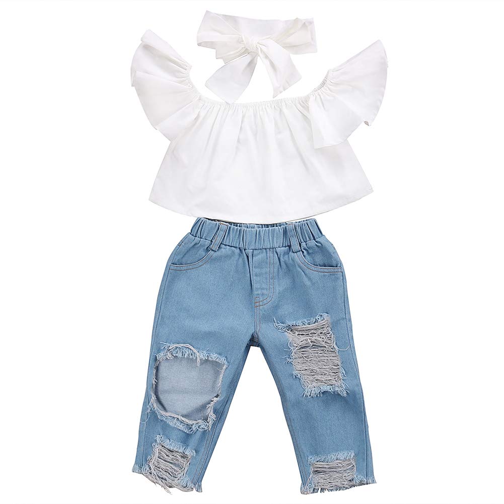 3Pcs Toddler Girl Baby Off Sloulder Top Ruffle Blouse + Blue Ripped Long Jeans + White Bowknot Headband Sets (White-Blue, 5-6 T)