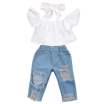 3Pcs Toddler Girl Baby Off Sloulder Top Ruffle Blouse + Blue Ripped Long Jeans + White Bowknot Headband Sets (White-Blue, 5-6 T)