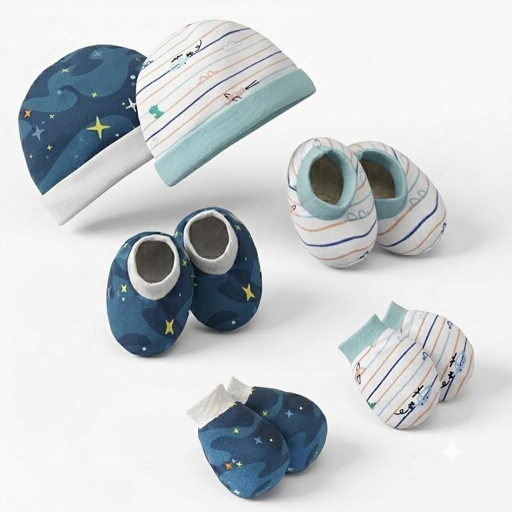 Vparents Baby Mittens Caps Gloves And Booty Combo Unisex Booty Set Durable Cotton Gift Set Assorted Deisgn Set Of 2 03 Months