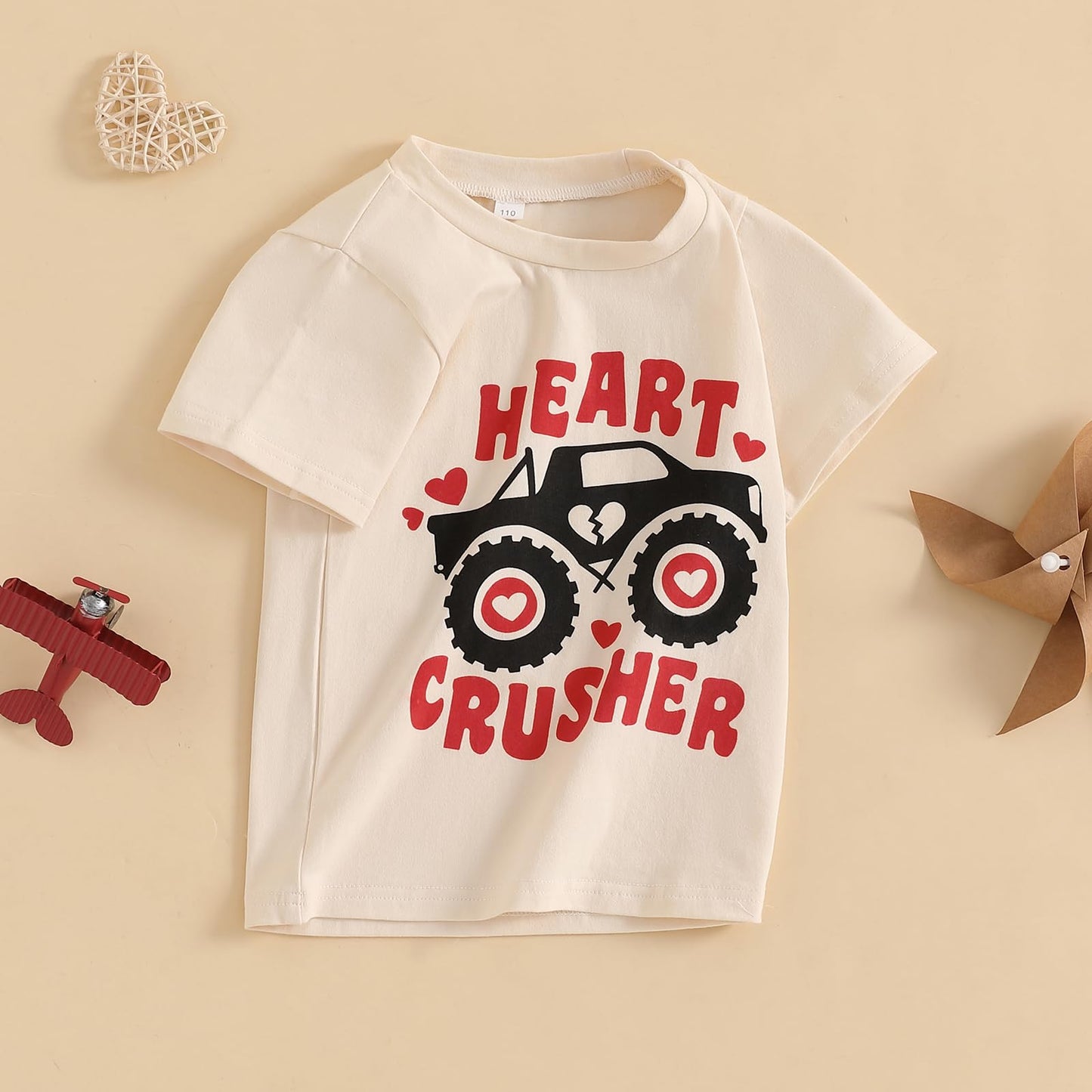 Kids Toddler Baby Boys Girls Valentine'S Day T-Shirt Heart Crusher Monster Truck Short Sleeve Shirt Top(Beige Monster Truck,4-5T