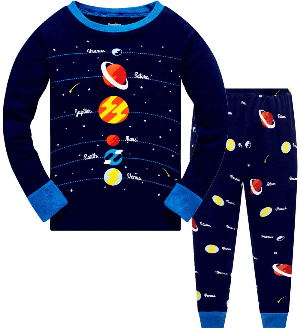 Popshion Boys Planet Pajamas 100% Cotton Pjs Toddler 2 Piece Long Sleeve Sleepwear Kids Clothes Pj Set Space Shirt 5T