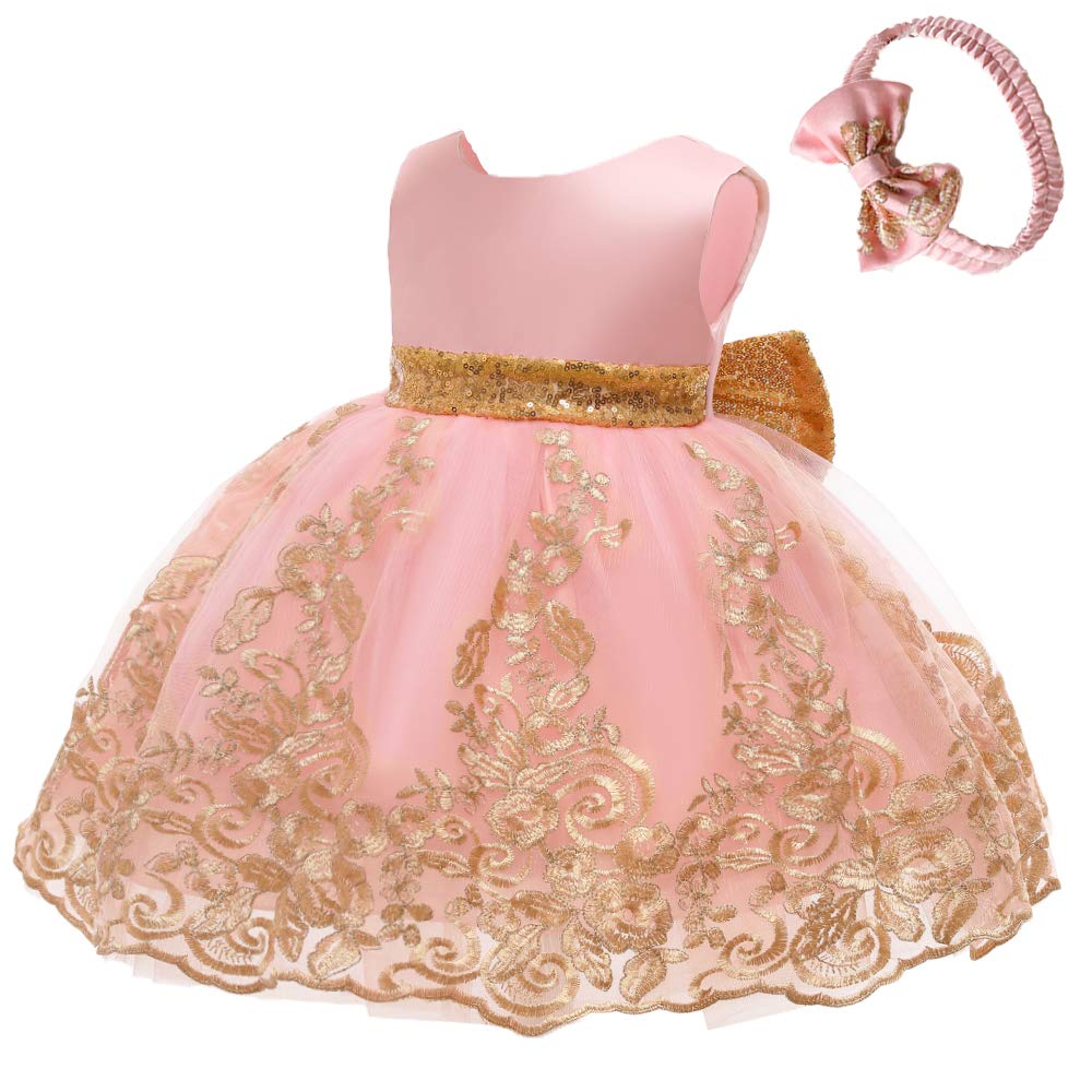 Baby Girls Embroidery Lace Dresses Toddler Ruffles Infant Easter Tutu Birthday Dress With Headwear (Pink,70)