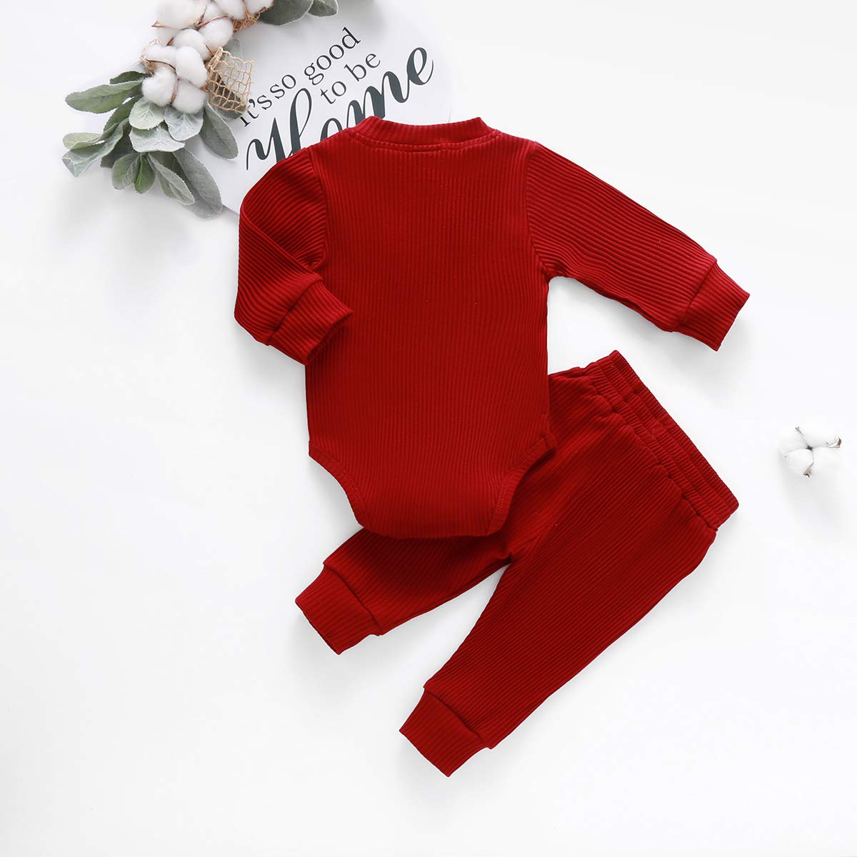 Baby Newborn Girls Boys Long Sleeve Clothes Striped Romper & Pants Set Infant Fall Winter Cotton Outfits (B-Red, 6-12 Months)
