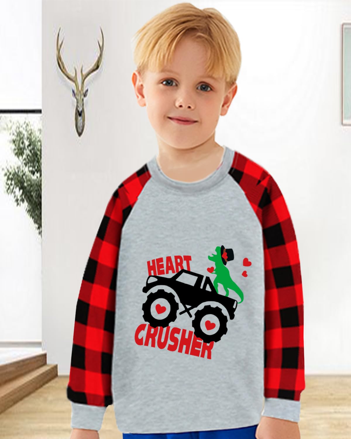 Valentine'S Day Shirt For Toddler Boy Heart Monster Truck Dinosaur Heart Crusher Clothes Dino Buffalo Red Plaid Raglan Sleeve Ki