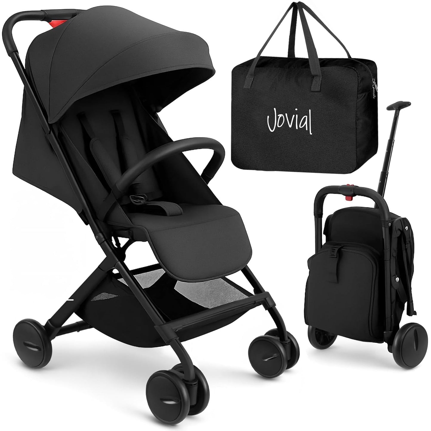 Jovial Lightweight Baby Stroller, Folding Travel Stroller with Reclining Seat, Canopy, 5-Point Safety Harness, Storage Basket, S