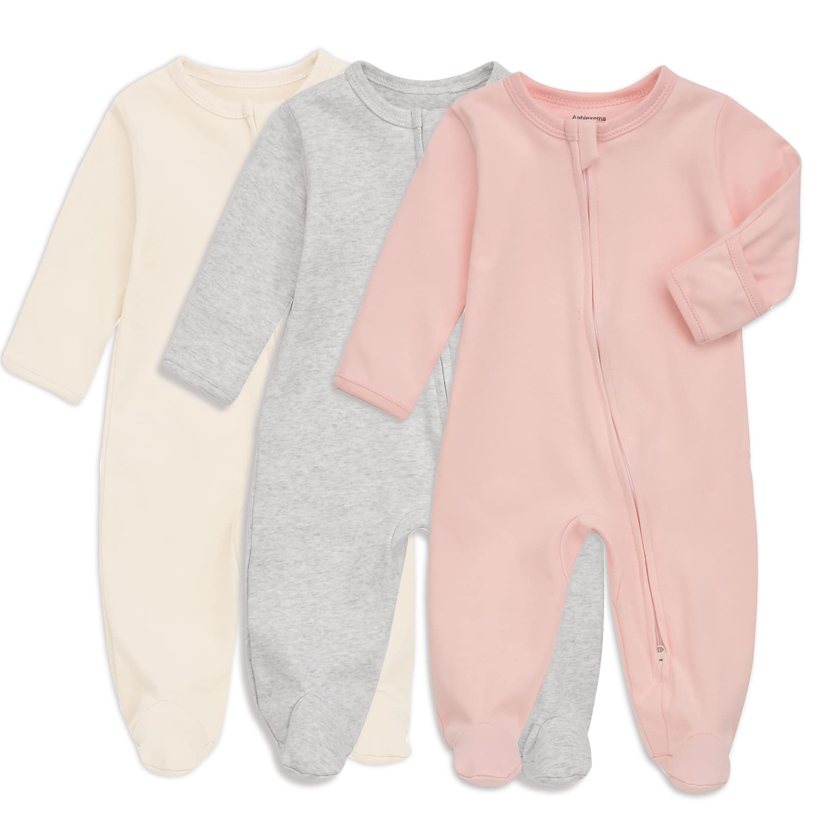 Aablexema Baby Footie Pajama With Mitten Cuffs, Double Zipper Infant Cotton Clothes Sleeper Pjs, Footed Sleep Play(Ivory & Grey