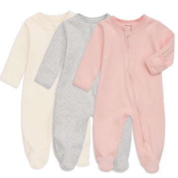 Aablexema Baby Footie Pajama With Mitten Cuffs, Double Zipper Infant Cotton Clothes Sleeper Pjs, Footed Sleep Play(Ivory & Grey