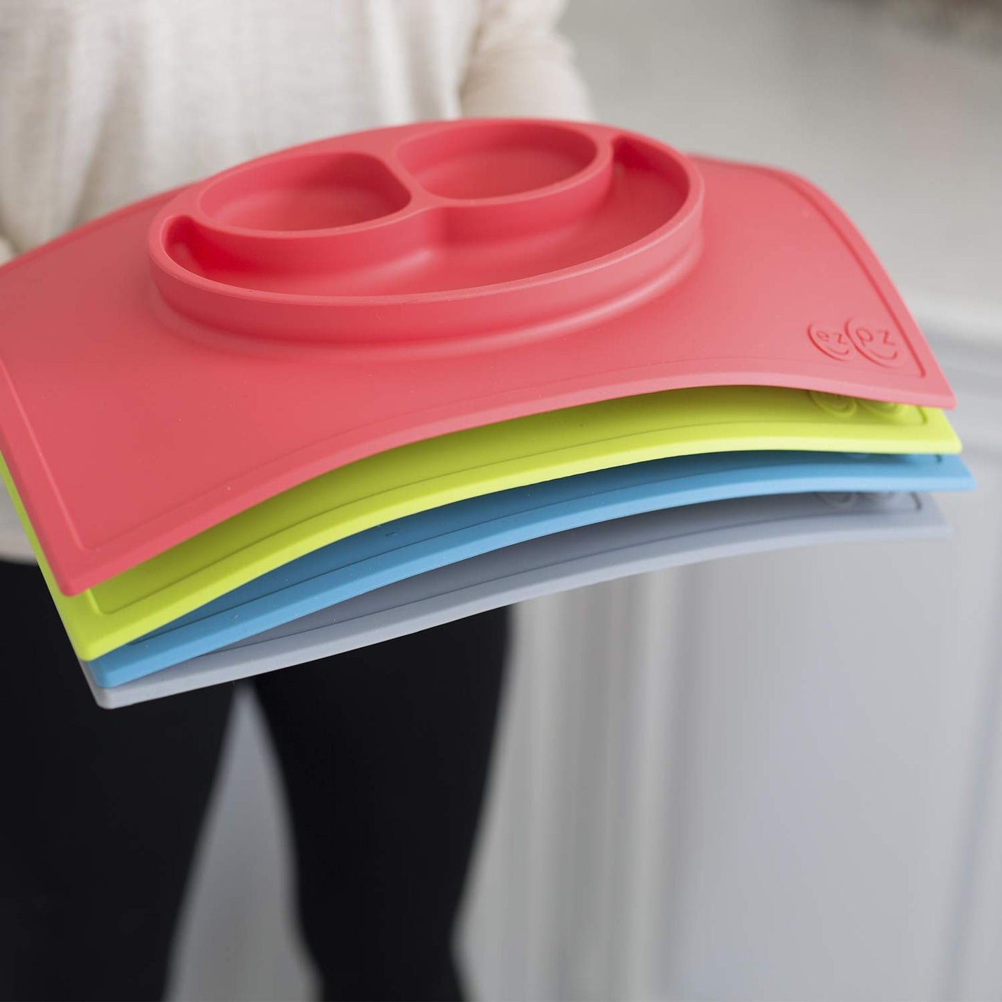 ezpz Happy Mat - 24 Months+ (Gray) - 100% Silicone Suction Plate with Built-in Placemat for Toddlers + Preschoolers - Divided To