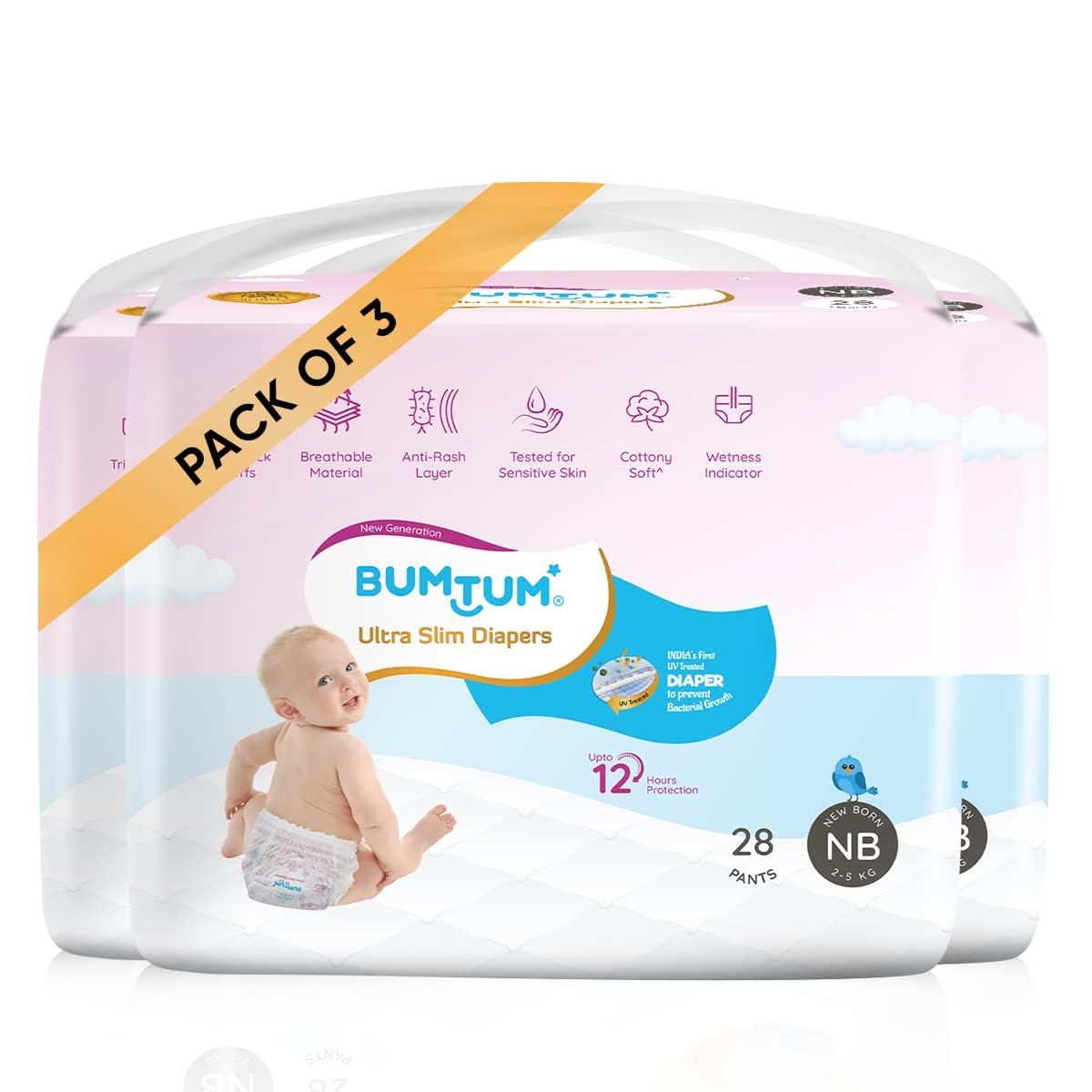 Bumtum Ultra Slim New Born Baby Diaper Pants, 84 Count, For Sensitive Skin, 12 Hrs Protection,Cottony Soft AntiRash Layer, Wetn