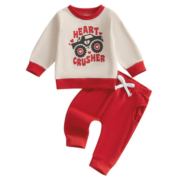 Baby Boy Fall Clothes Set Long Sleeve Letter Print Sweatshirt Pants Valentines Day Outfits 6 12 18 24 Months 2T (Red Crusher, 12