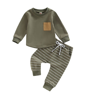 Baby Boy Clothes 3 6 9 12 18 24M 3T Pants Set Hooded Patchwork Hoodie Striped Sweatpants Fall Winter Outfit(Army Green-Pocket, 6