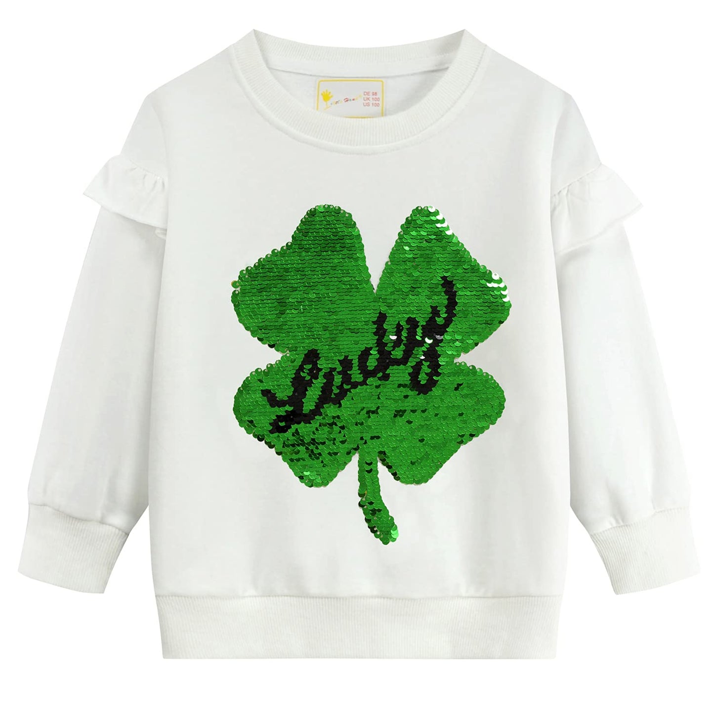 Little Hand Baby Girls Pullover Sweatshirts Toddler Flip Sequin Four Leaf Shamrock Shirts Long Sleeve Kids Clover Tops For 2T 3T
