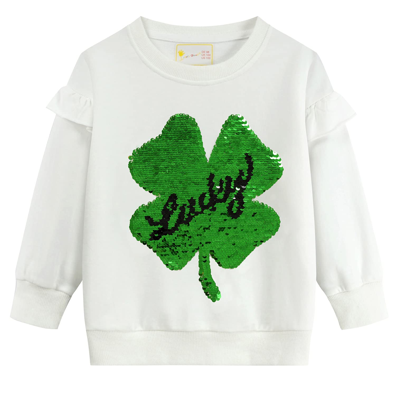 Little Hand Toddler Girls Fleece Sweatshirt Cute Lucky Clover Flip Sequins Shamrock Tops Long Sleeve Kids Ruffle Shirt White Siz
