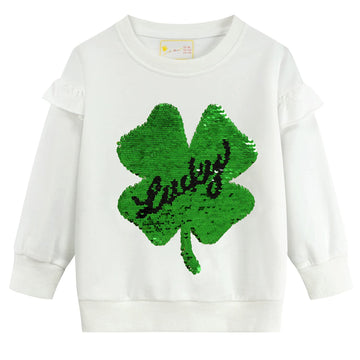 Little Hand Toddler Girls Fleece Sweatshirt Cute Lucky Clover Flip Sequins Shamrock Tops Long Sleeve Kids Ruffle Shirt White Siz