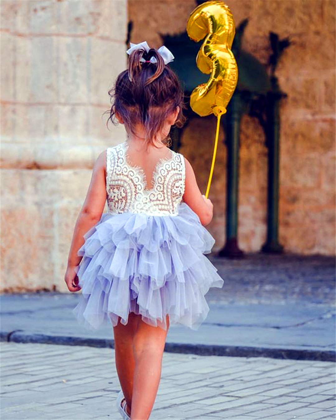 2Bunnies Girl Peony Lace Back A-Line Tiered Tutu Tulle Flower Girl Dress (Gray Sleeveless Short, 7-8Yrs)