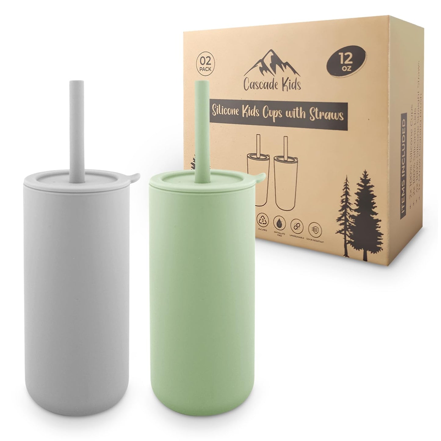 Cascade Kids Silicone Kids Smoothie Cups with Straws and Lids, (2 Pack), Non Plastic, BPA-Free, Unbreakable, Smell Proof, for Ki