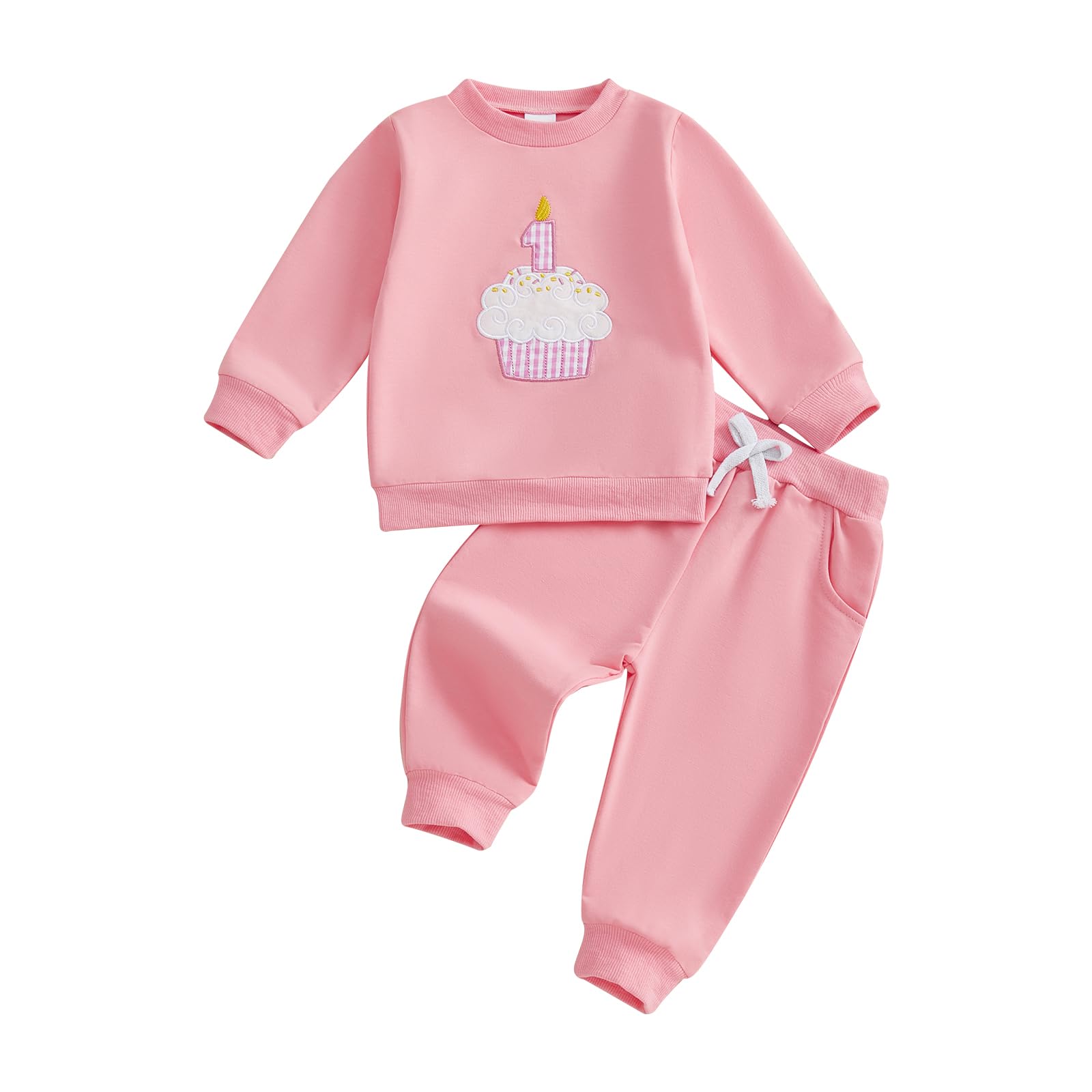 GOOCHEER Baby Boy Girl First Birthday Outfit 1 Cake Long Sleeve Pullover Sweatshirt + Long Pants Set Fall Winter Clothes (Pink, 