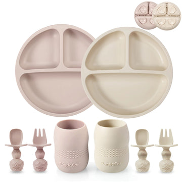 Pandaear Silicone Baby Feeding Set, 2 Pack - Divided Suction Plate, 2 Tiny Cup With Spoons, Bpa Free, Light Tan/Pink