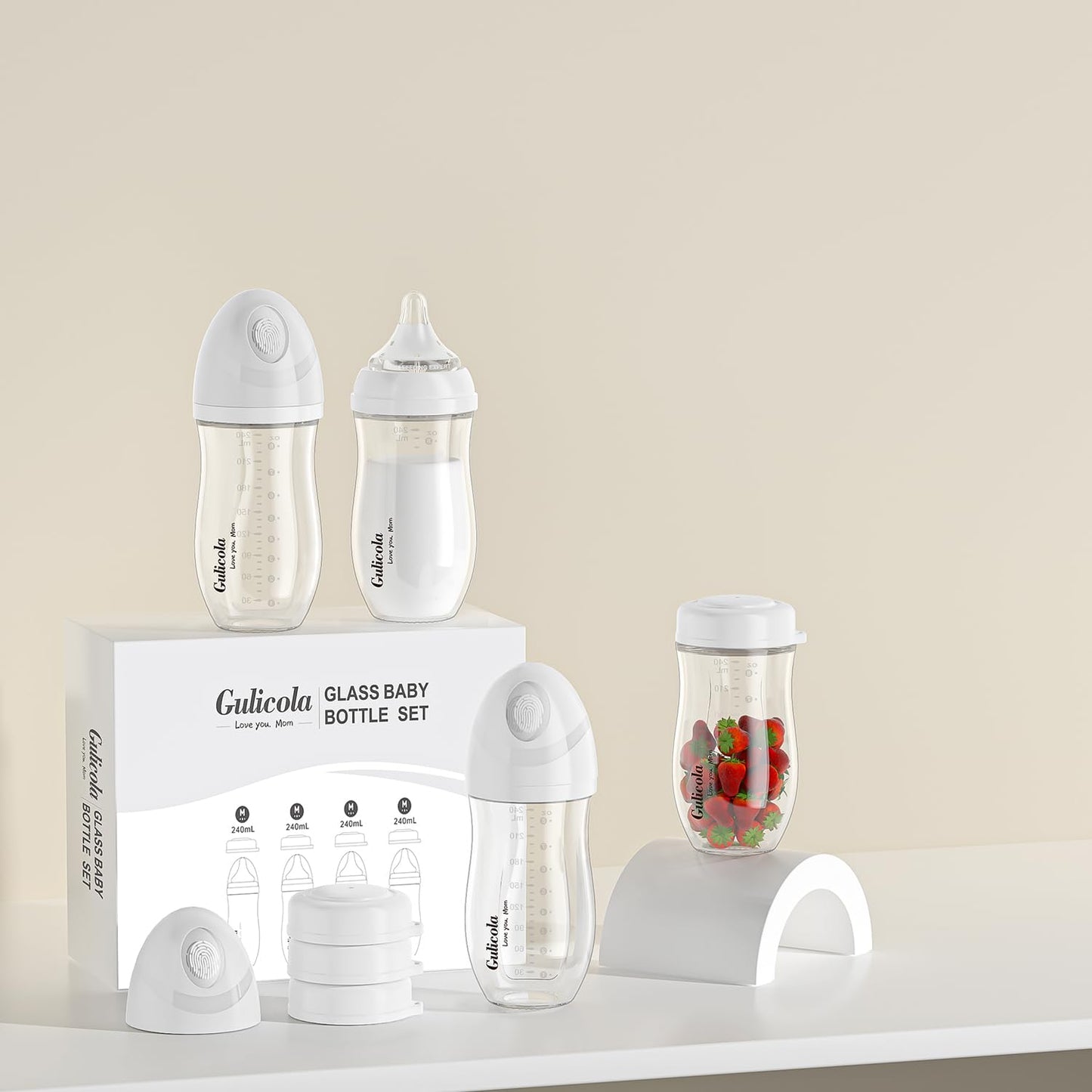 Gulicola Glass Baby Breastmilk Storage Bottles 8 Oz, Wide Neck Breastmilk Collection Bottles, 4 Pack - White