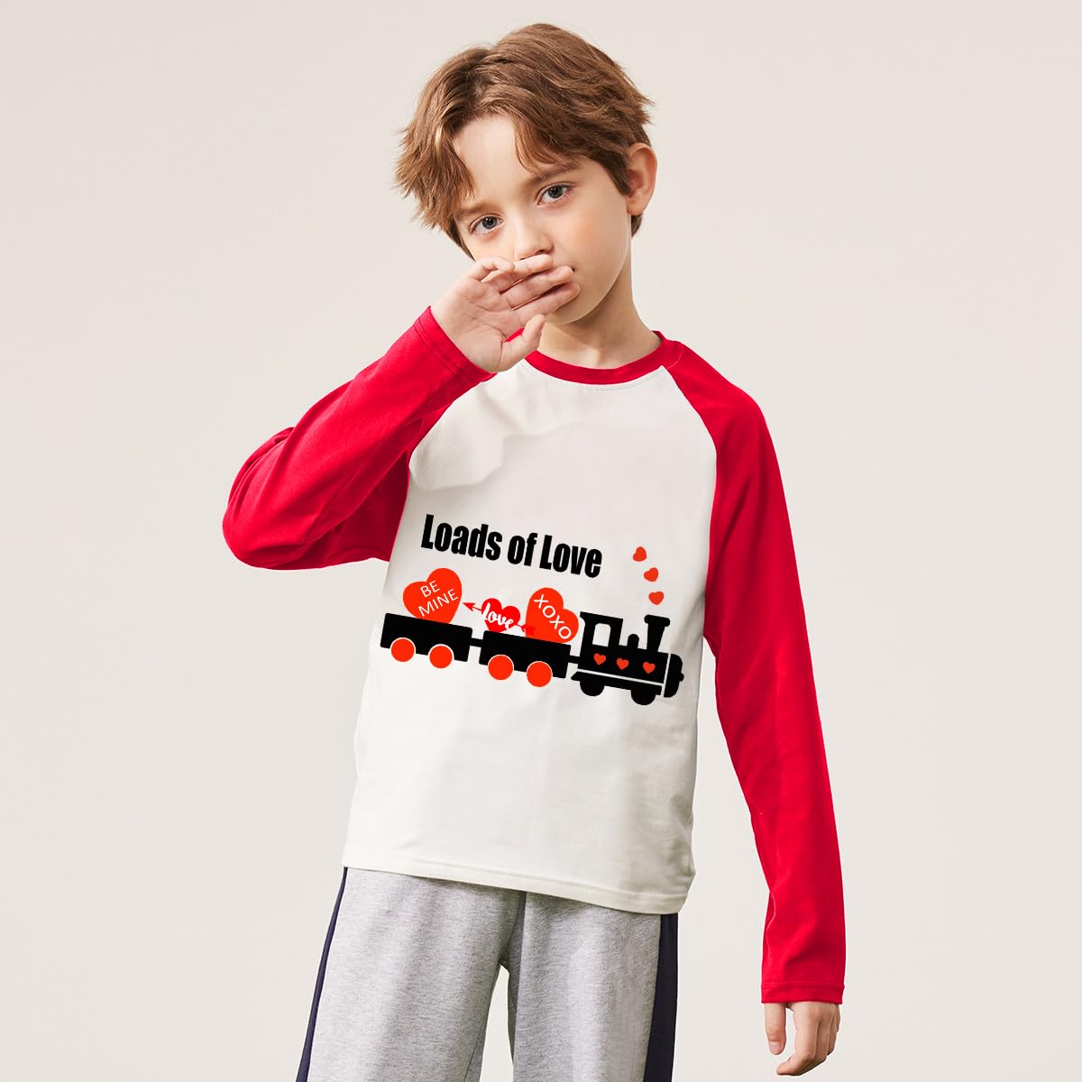 Ddsol Toddler Little Boy Valentine Day T-Shirt Baby Kid Red White Loads Of Love Heart Train Print Monster Truck Shirt Raglan Lon