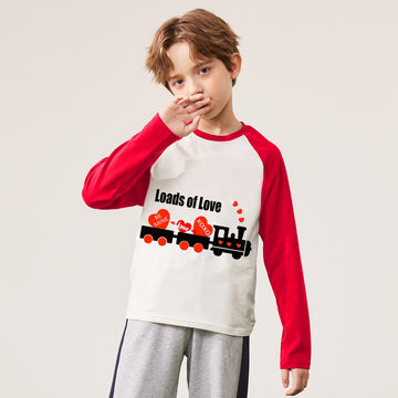 Ddsol Toddler Little Boy Valentine Day T-Shirt Baby Kid Red White Loads Of Love Heart Train Print Monster Truck Shirt Raglan Lon