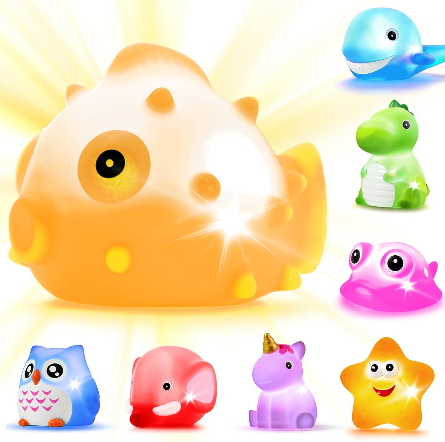 Bath Toys, 8 Pcs Light Up Floating Rubber Animal Toys Set, Flashing Color Changing Light in Water, Baby Infants Kids Toddler Chi