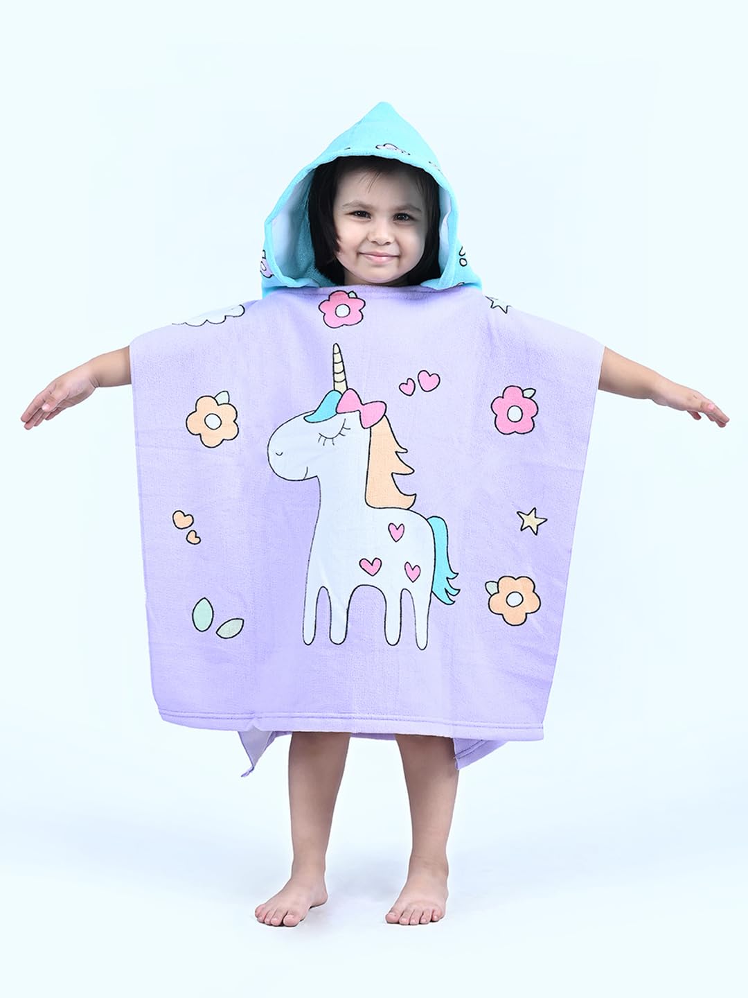 Yellow Bee Unicorn Hooded Poncho Towel for Girls (250 GSM) Purple, Aqua, White, 37 Years