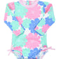 RuffleButts Baby Girls UPF 50+ Sun Protection Floral Printed Long Sleeve One Piece Rash Guard Swimsuit with Zipper - Pastel Peta