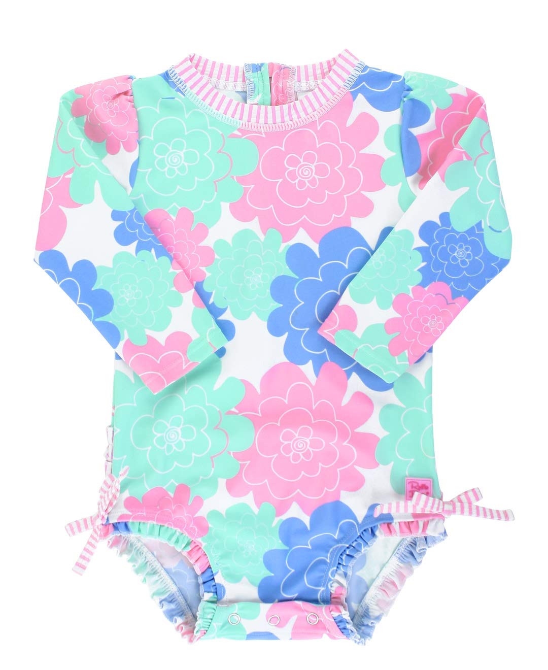 RuffleButts Baby Girls UPF 50+ Sun Protection Floral Printed Long Sleeve One Piece Rash Guard Swimsuit with Zipper - Pastel Peta