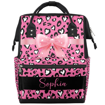 Leopard Print Bow Diaper Backpack Diaper Bags for Baby Girls Boys Nappy Bag with Name Stroller Backpack for Travel with Baby