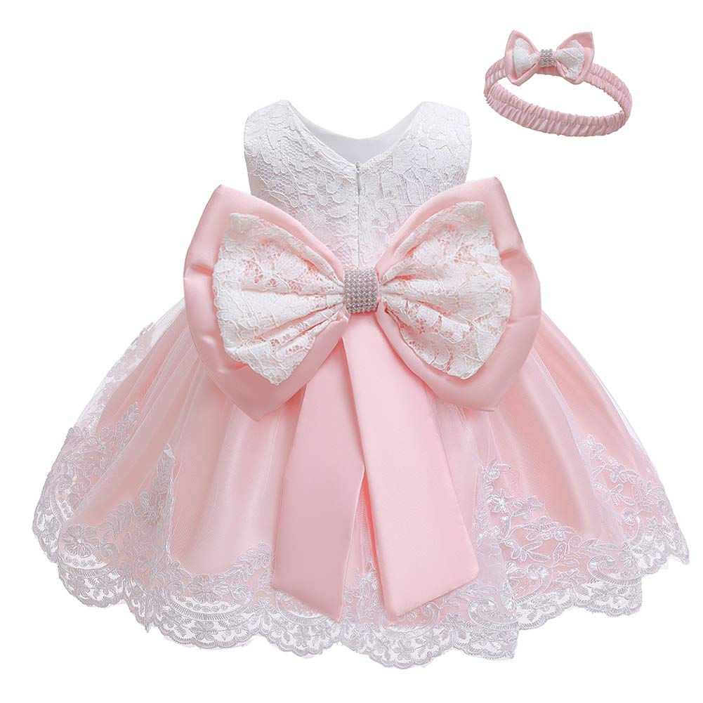 Girl Dresses Bowknot Lace Pageant Party Wedding Flower Girl Dress Baby Pink 5-6Y WBBAPB07WR6W6MN
