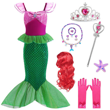 Itvti Little Girls Mermaid Costume Princess Dress Up Ariel Outfits With Accessories Wig Birthday Party Halloween Cosplay, Green,