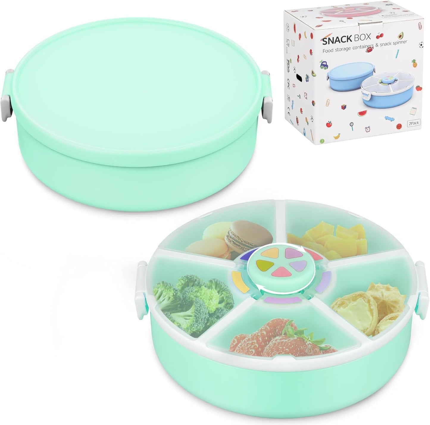 JOOPETALK Kids Rotating Snack Container Set - 2-Pack, Includes 1 Rotating Snack Container & 1 Round Sectioned Snack Box, BPA-Fr