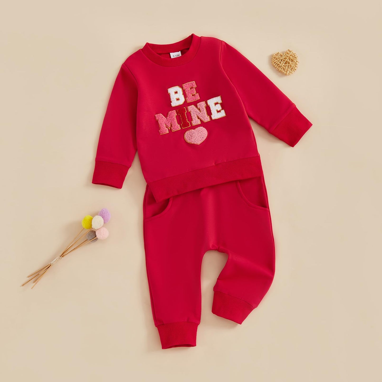 Nokpsedcb Baby Boy Girl Cute Letter Embroidery Long Sleeve Sweatshirt And Elastic Long Pants Toddler Valentine Outfits (Red Be M