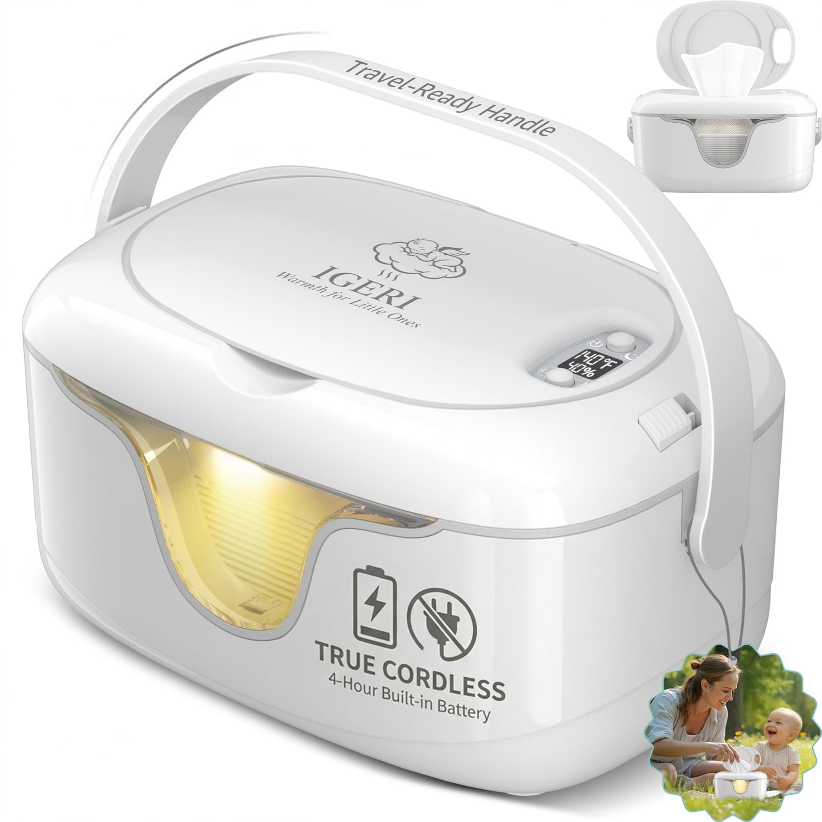 IGERI Portable Baby Wipe Warmer - Cordless Rechargeable Wet Wipes Dispenser for Travel Battery Operated with Nightlight Temperat