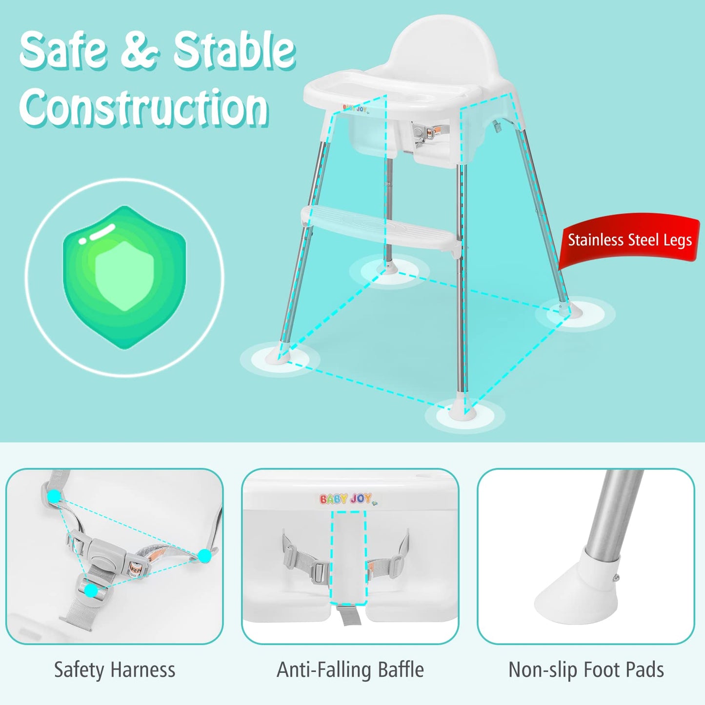Baby Joy Baby High Chair, 4 In 1 Convertible Highchair For Babies & Toddlers With Adjustable Legs, Double Removable Tray, Safety