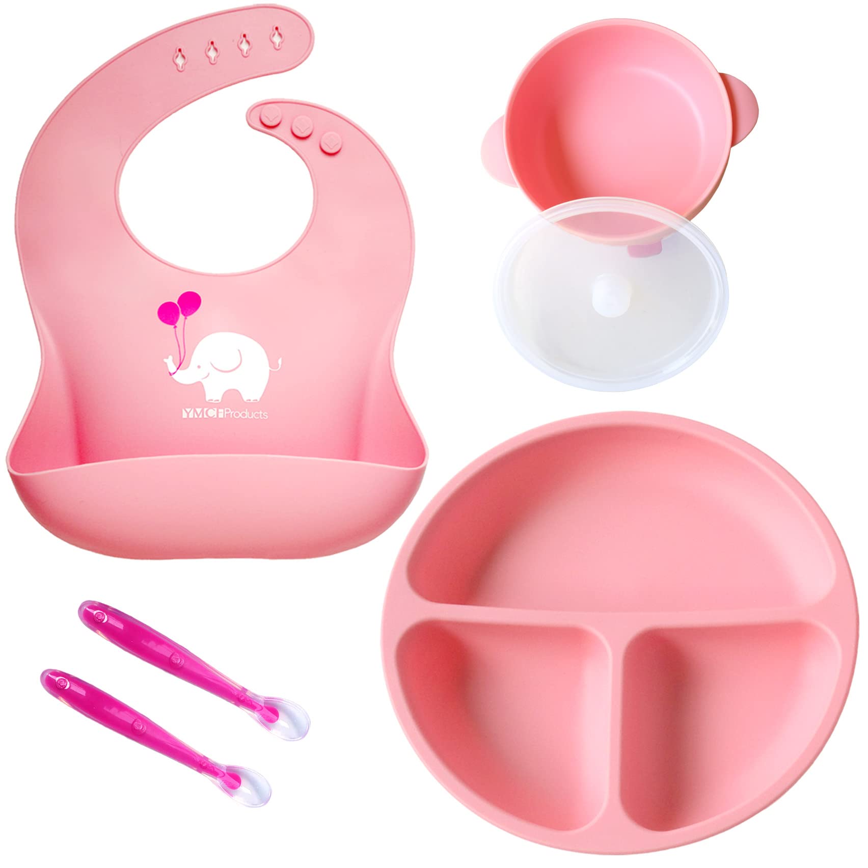 YMCF Products Baby or Toddler Feeding Set | Silicone Bib, Divided Plates, Suction Bowls & Spoons, Dishwasher-Safe, Easy-Wipe Cle
