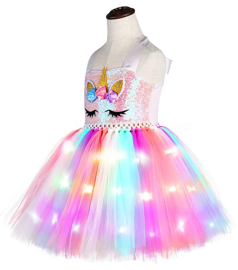 Tutu Dreams Led Unicorn Dress For Girls Rainbow Light Up Halloween Costumes Christmas Gifts (Pink, 9-10 Years)