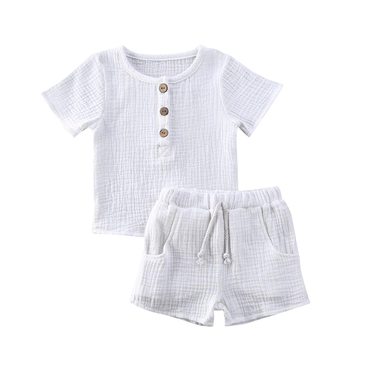Fhutpw Baby Boys 2Pcs Summer Outfits Short Sleeve T-Shirt Tops Elastic Waistband Shorts Set Toddler Clothes (Linen White A1, 12-