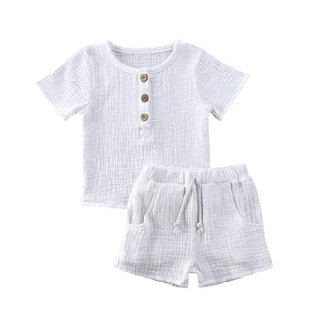 Fhutpw Baby Boys 2Pcs Summer Outfits Short Sleeve T-Shirt Tops Elastic Waistband Shorts Set Toddler Clothes (Linen White A1, 3-4