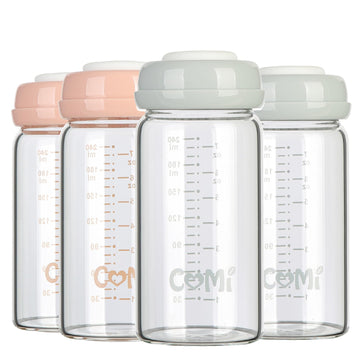 Comi Wide Neck Glass Breastmilk Collection N Storage Bottle, 4 Packs, 8Oz With Screw Ring Sealing Disk; Re-Markable Sealing Disc