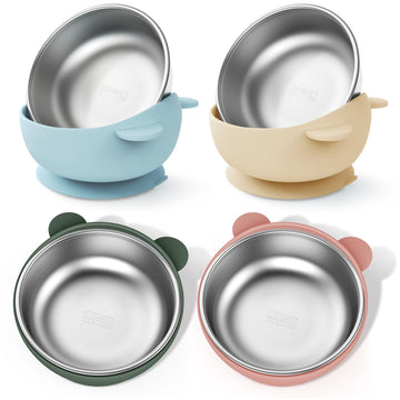 Bakpoco Stainless Steel Baby Bowls with Suction, 2-in-1 SUS304 Toddlers Bowl & Removable Silicone Suction Kids Bowl, Anti Scald 